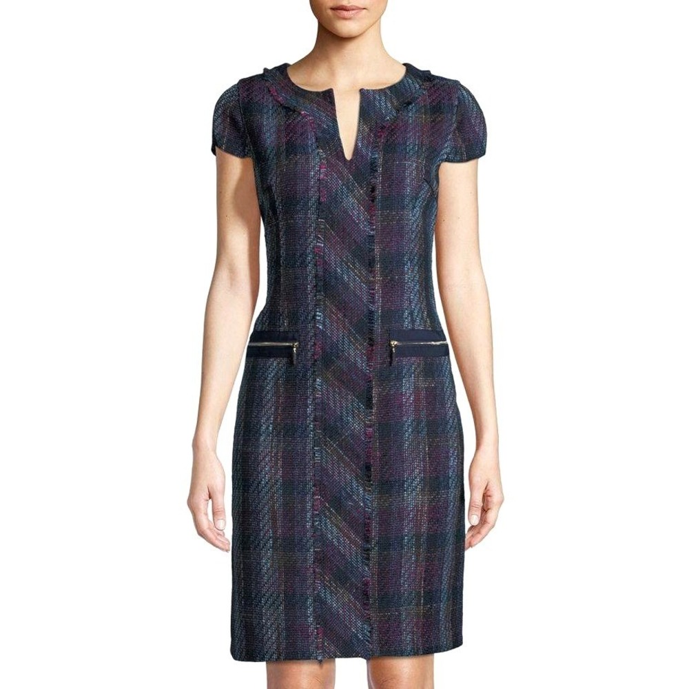 Karl Lagerfeld Multicolor Plaid Tweed Sheath Dress Cap Sleeve Office Siren Sz 6
